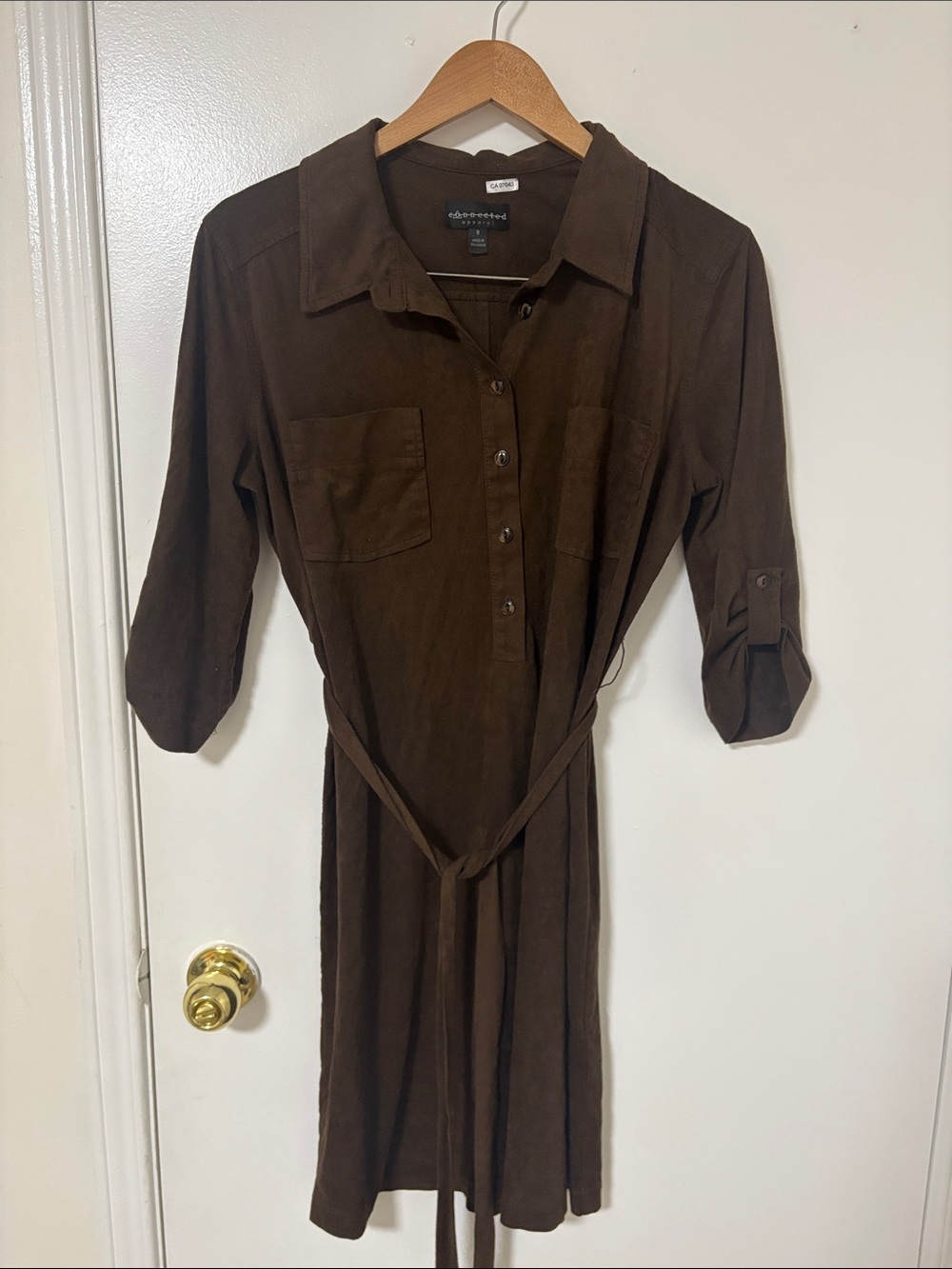 connected apparel Brown Long-Sleeve Shirt Dress with Tie Waist